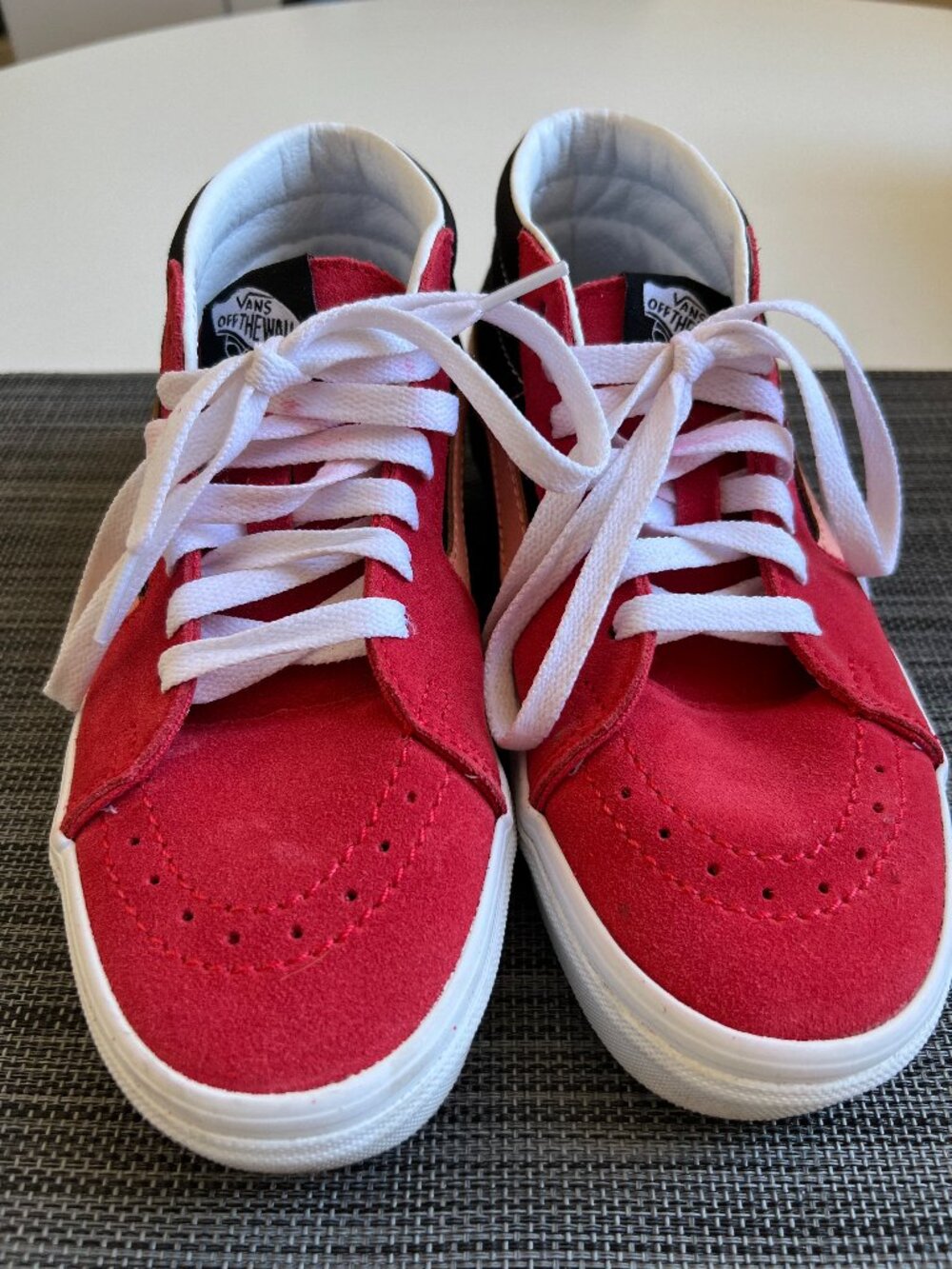 Vans Sk8-Mid sneaker black/pink/red canvas/suede. w7/m5.5. In box, worn once.